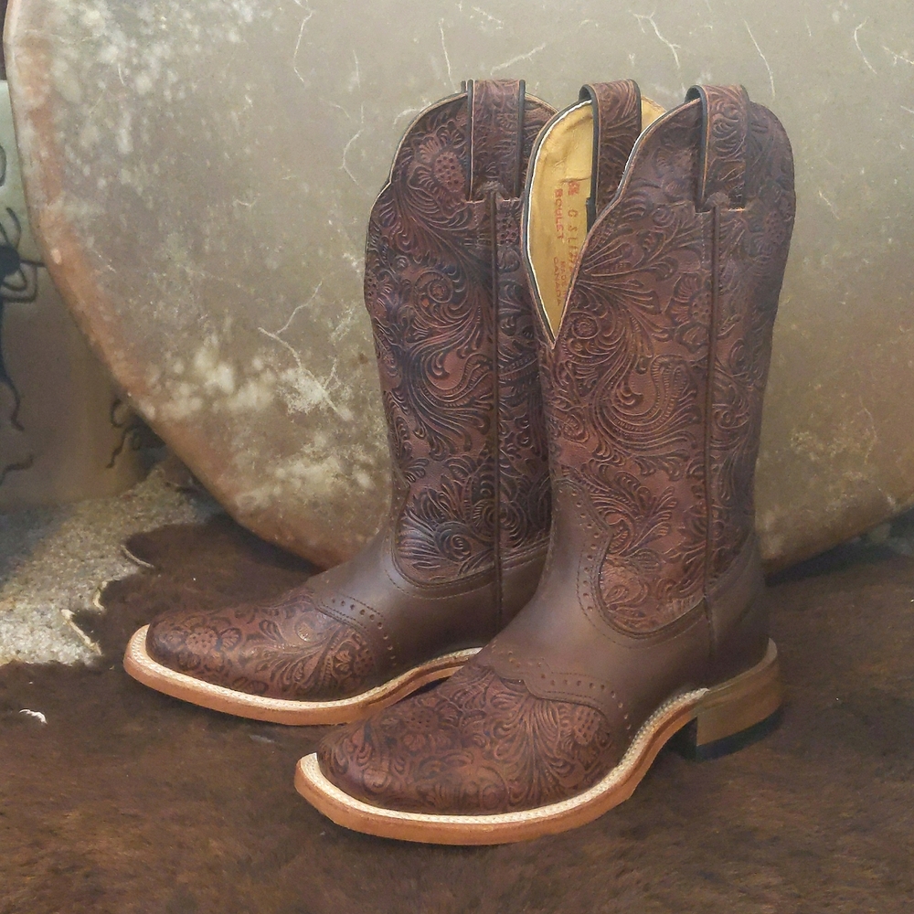 BOULET #2050 hand tooled Ranger Chestnut leather cowboy boots square toe 6.5 NEW